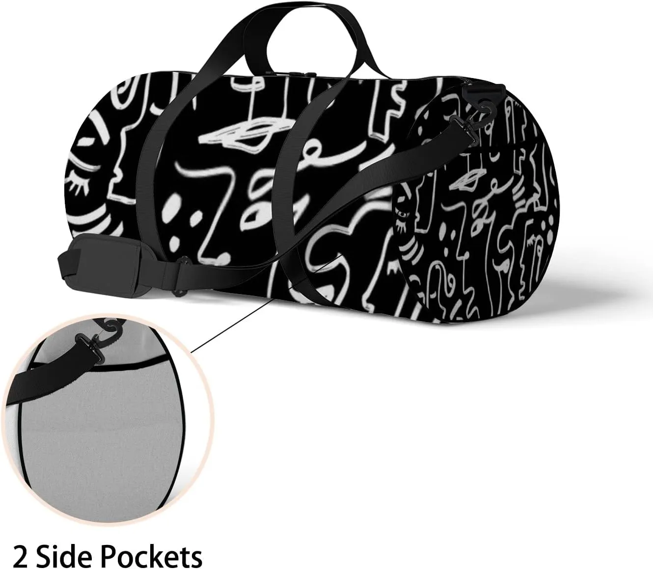 Sports Gym Bag for Women and Men Waterproof Abstract Line Drawing Faces Geometric Shapes Black Duffel Bag Lightweight Carryon Traveling Boarding Gripsack