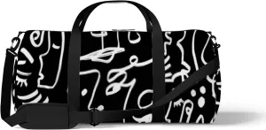 Sports Gym Bag for Women and Men Waterproof Abstract Line Drawing Faces Geometric Shapes Black Duffel Bag Lightweight Carryon Traveling Boarding Gripsack