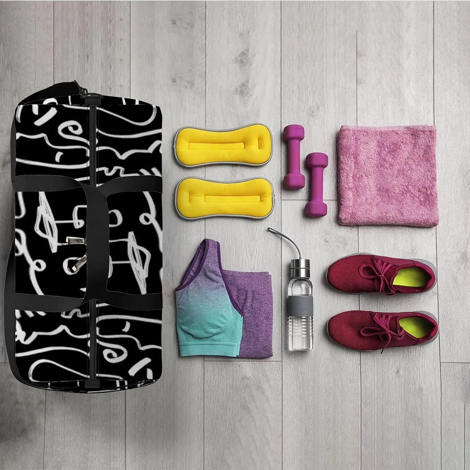 Sports Gym Bag for Women and Men Waterproof Abstract Line Drawing Faces Geometric Shapes Black Duffel Bag Lightweight Carryon Traveling Boarding Gripsack