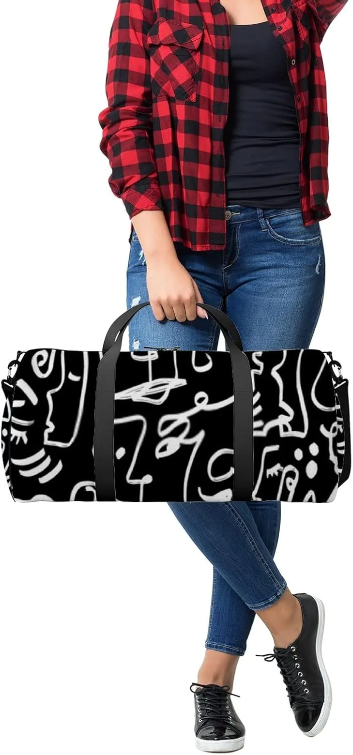 Sports Gym Bag for Women and Men Waterproof Abstract Line Drawing Faces Geometric Shapes Black Duffel Bag Lightweight Carryon Traveling Boarding Gripsack