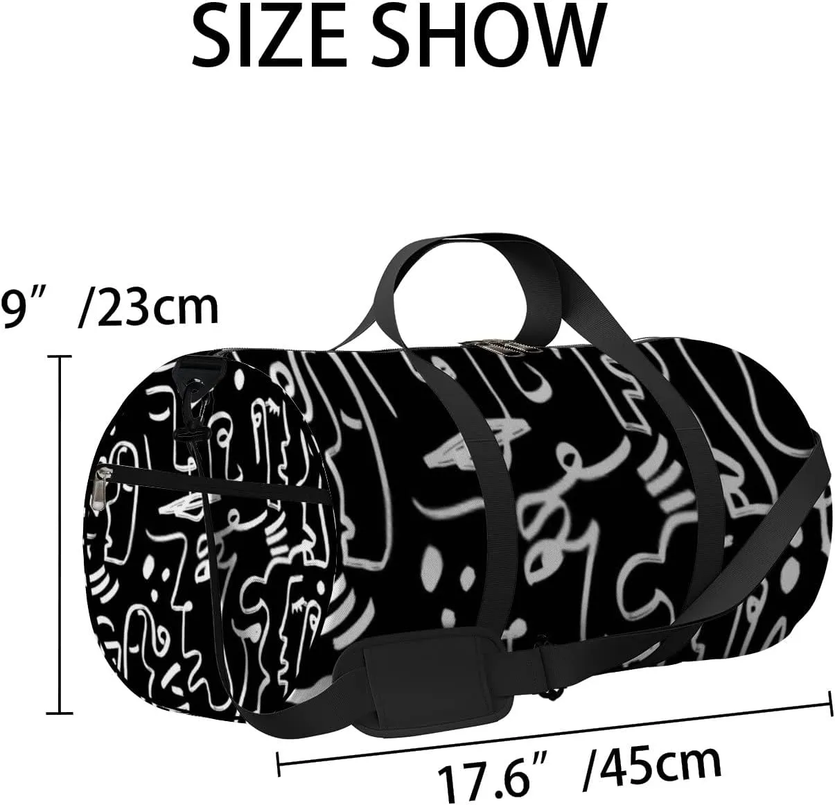 Sports Gym Bag for Women and Men Waterproof Abstract Line Drawing Faces Geometric Shapes Black Duffel Bag Lightweight Carryon Traveling Boarding Gripsack