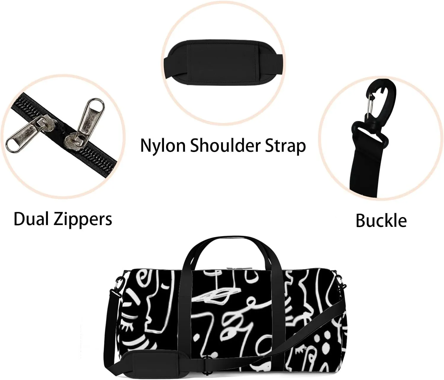 Sports Gym Bag for Women and Men Waterproof Abstract Line Drawing Faces Geometric Shapes Black Duffel Bag Lightweight Carryon Traveling Boarding Gripsack