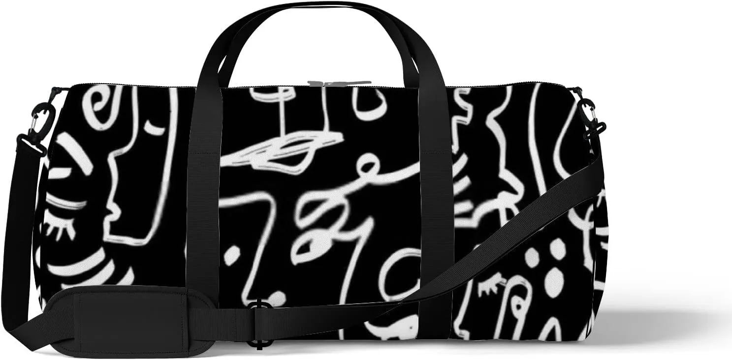 Sports Gym Bag for Women and Men Waterproof Abstract Line Drawing Faces Geometric Shapes Black Duffel Bag Lightweight Carryon Traveling Boarding Gripsack
