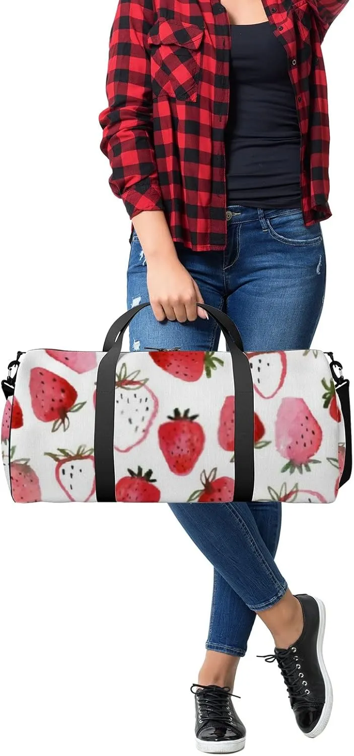 Sports Gym Bag for Women and Men Waterproof Abstract Watercolor Strawberries White Duffel Bag Lightweight Carryon Traveling Boarding Gripsack