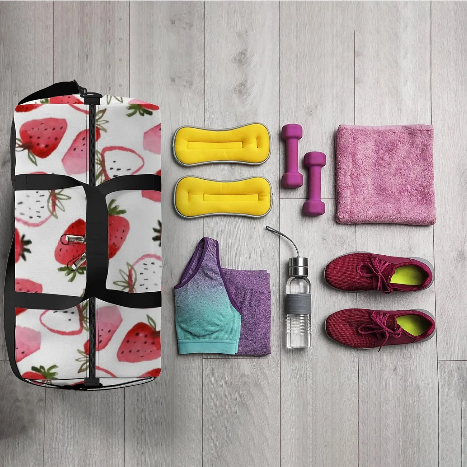 Sports Gym Bag for Women and Men Waterproof Abstract Watercolor Strawberries White Duffel Bag Lightweight Carryon Traveling Boarding Gripsack