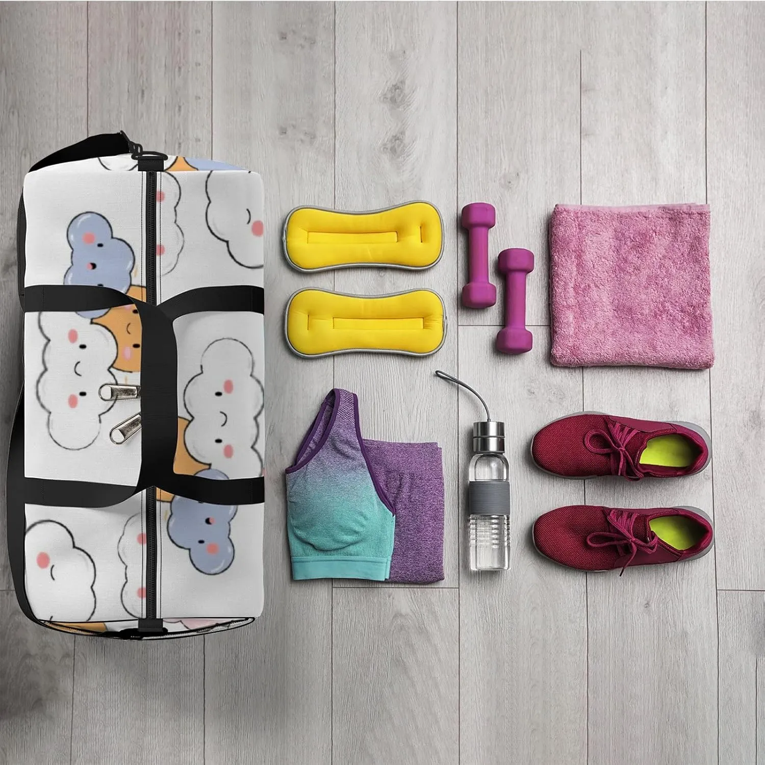Sports Gym Bag for Women and Men Waterproof Adorable Kawaii Sky Cloud Pastel Color Cartoon Doodle Duffel Bag Lightweight Carryon Traveling Boarding Gripsack