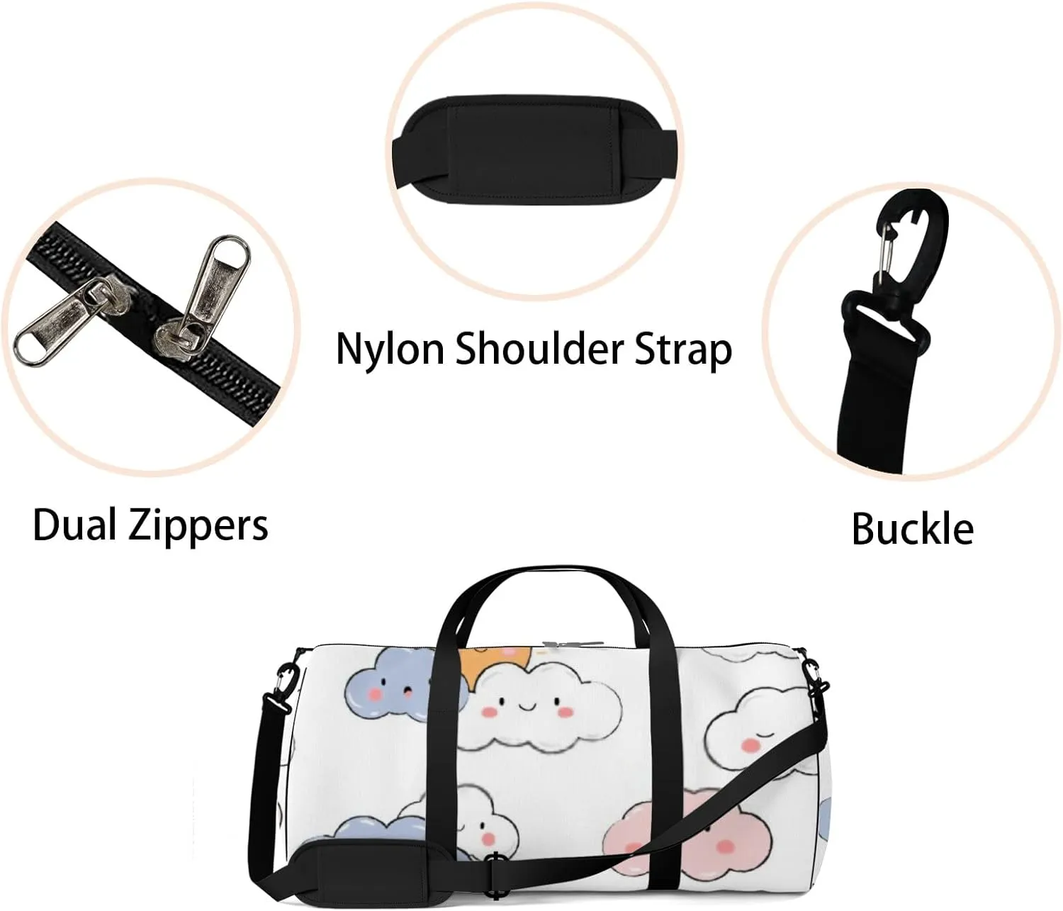 Sports Gym Bag for Women and Men Waterproof Adorable Kawaii Sky Cloud Pastel Color Cartoon Doodle Duffel Bag Lightweight Carryon Traveling Boarding Gripsack