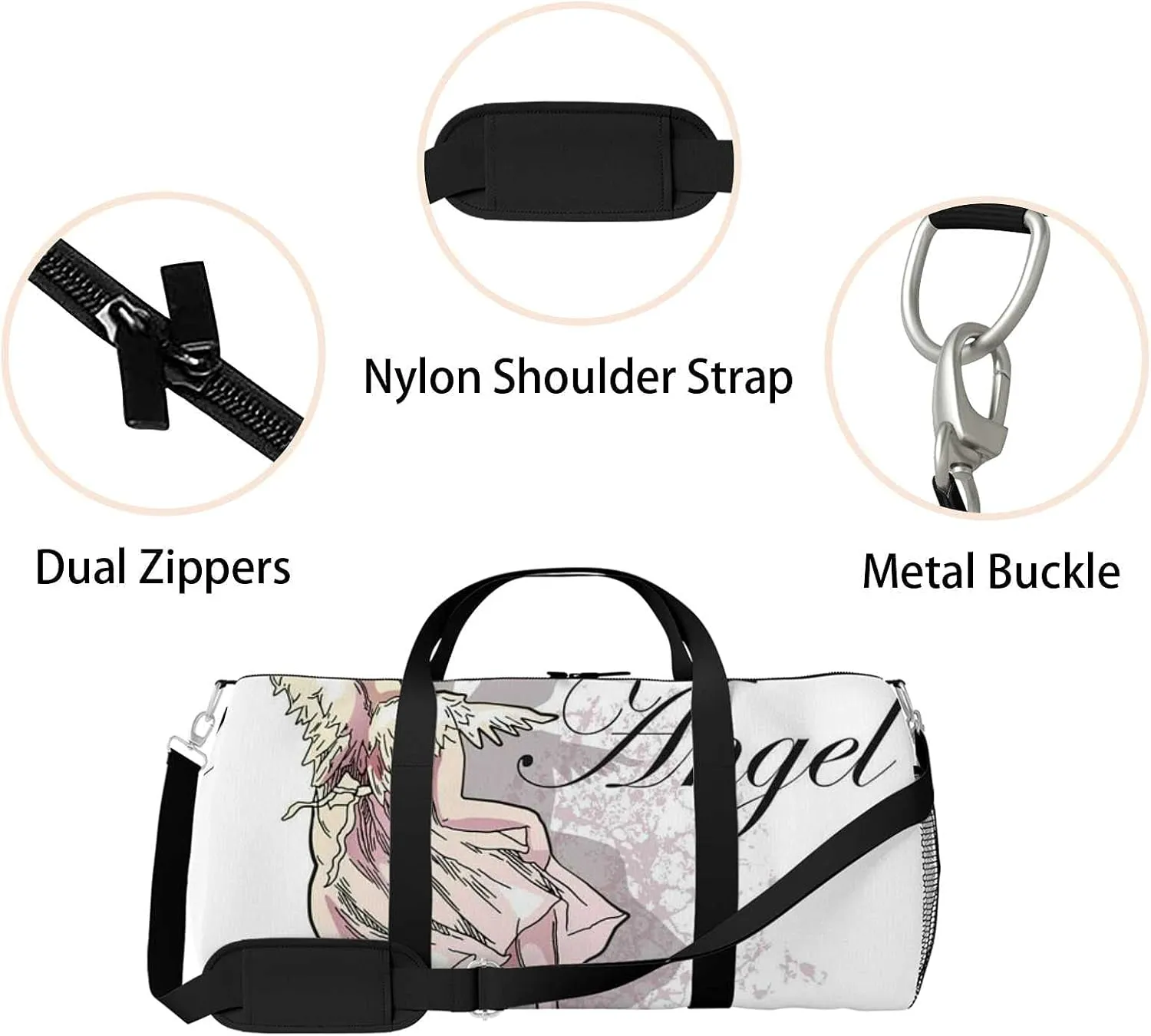 Sports Gym Bag for Women and Men Waterproof Angel Girl White Duffel Bag Lightweight Carryon Traveling Boarding Gripsack