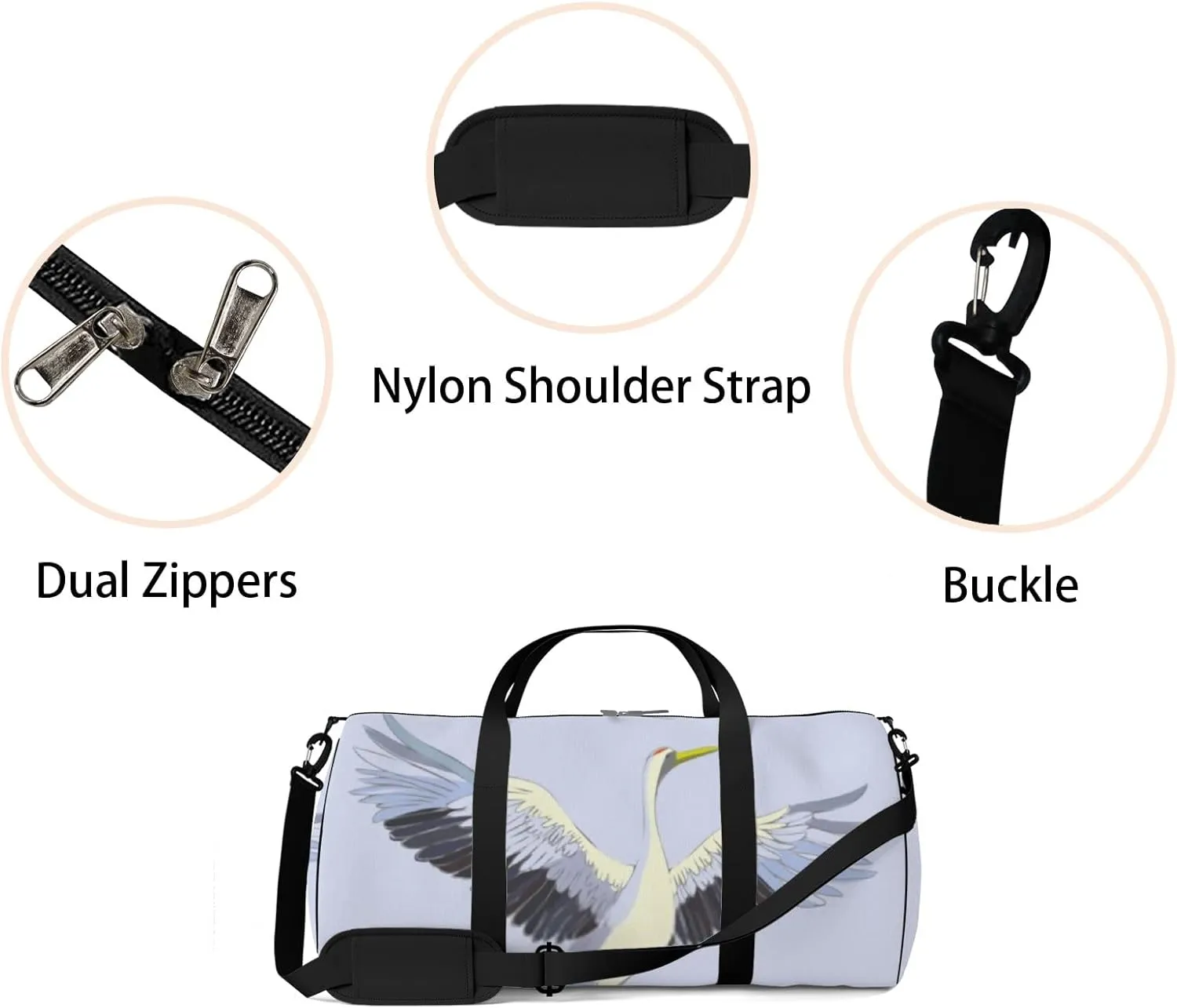 Sports Gym Bag for Women and Men Waterproof Bird Crane White Duffel Bag Lightweight Carryon Traveling Boarding Gripsack