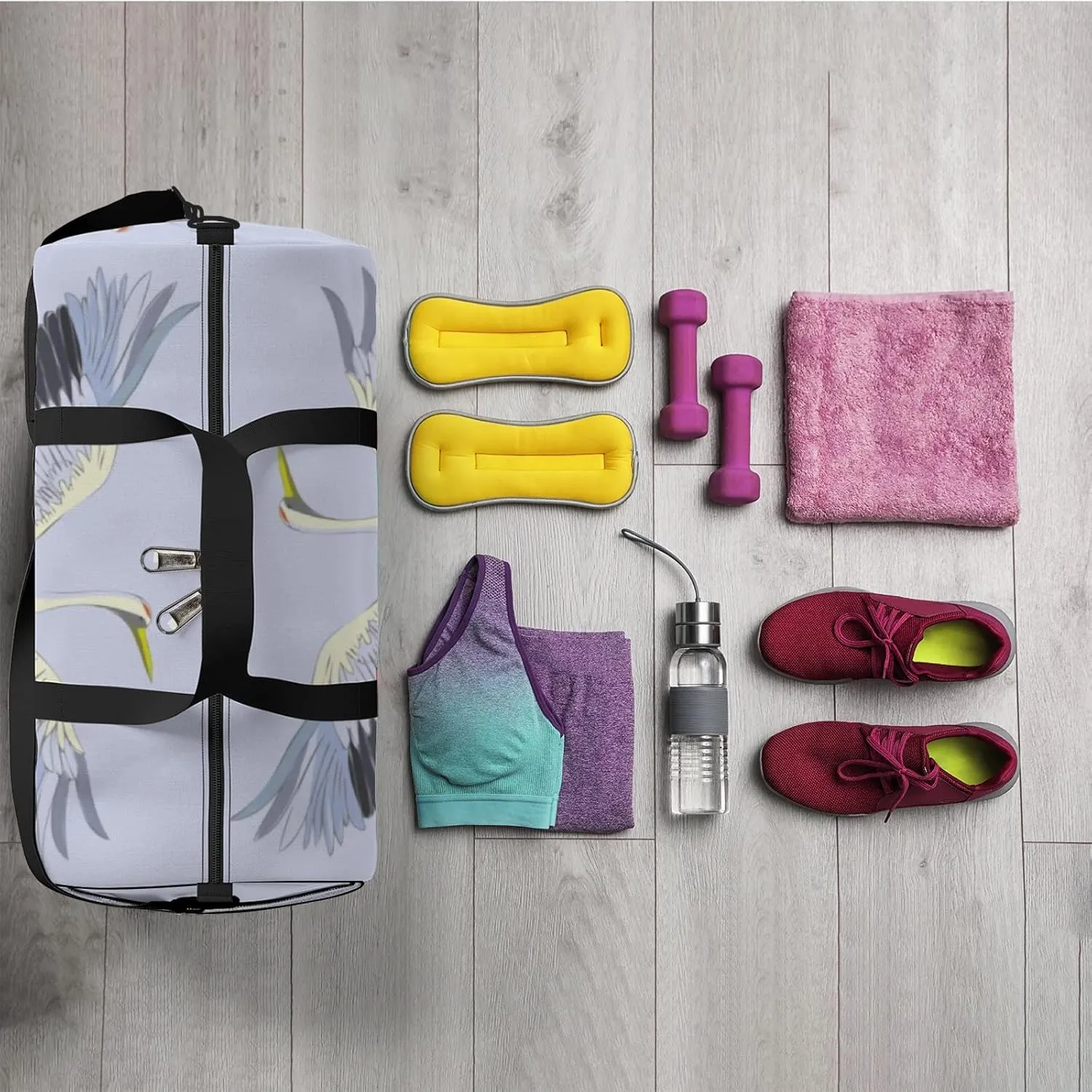 Sports Gym Bag for Women and Men Waterproof Bird Crane White Duffel Bag Lightweight Carryon Traveling Boarding Gripsack