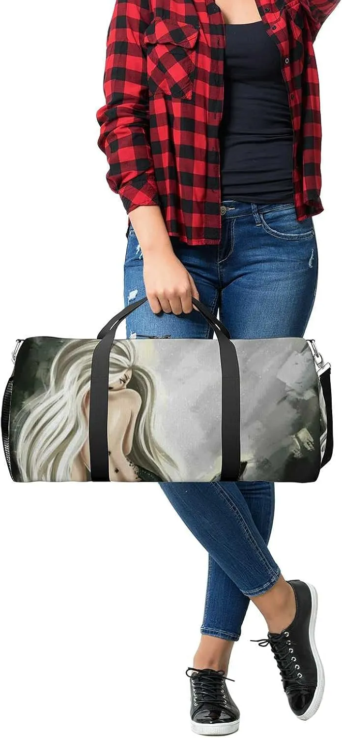 Sports Gym Bag for Women and Men Waterproof Black Mermaid Duffel Bag Lightweight Carryon Traveling Boarding Gripsack
