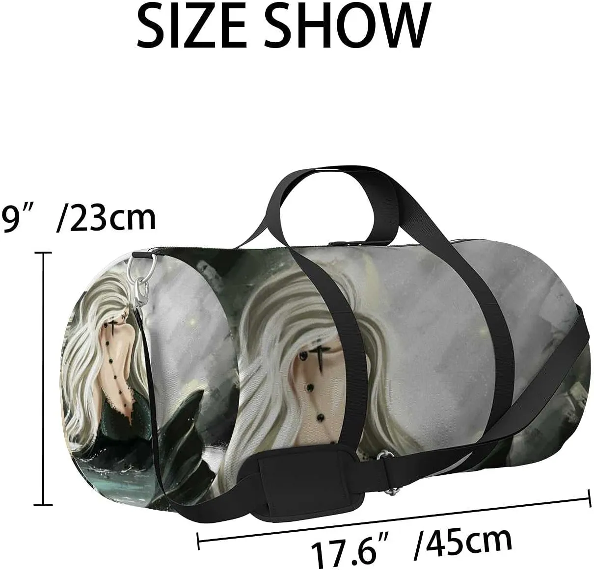 Sports Gym Bag for Women and Men Waterproof Black Mermaid Duffel Bag Lightweight Carryon Traveling Boarding Gripsack