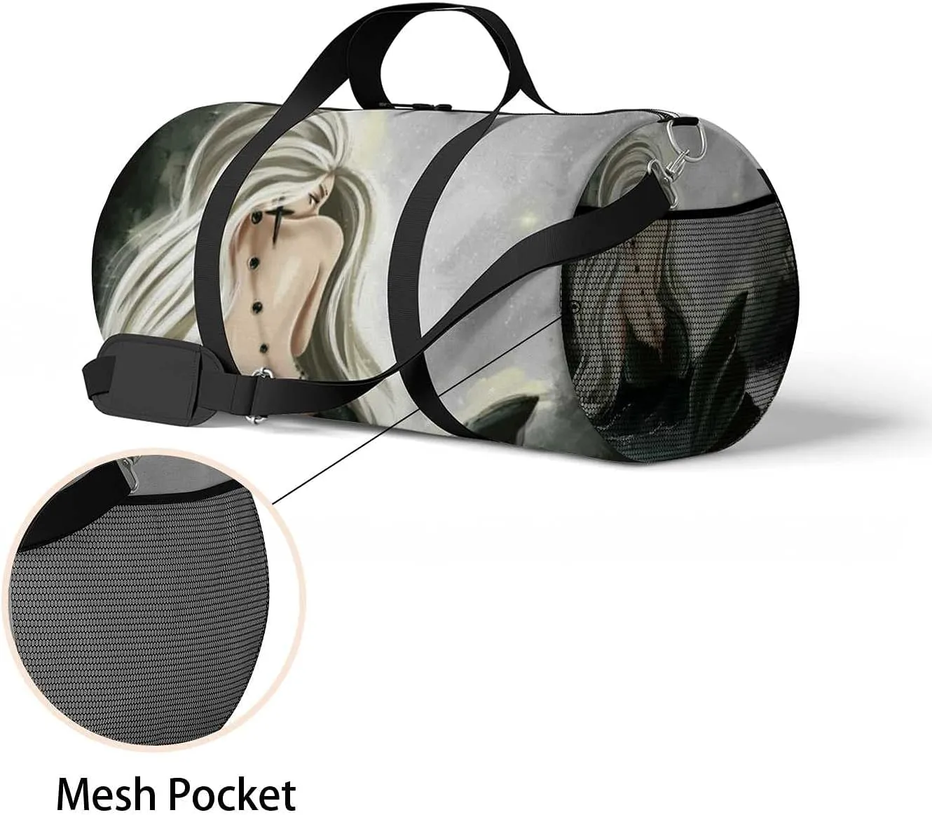 Sports Gym Bag for Women and Men Waterproof Black Mermaid Duffel Bag Lightweight Carryon Traveling Boarding Gripsack
