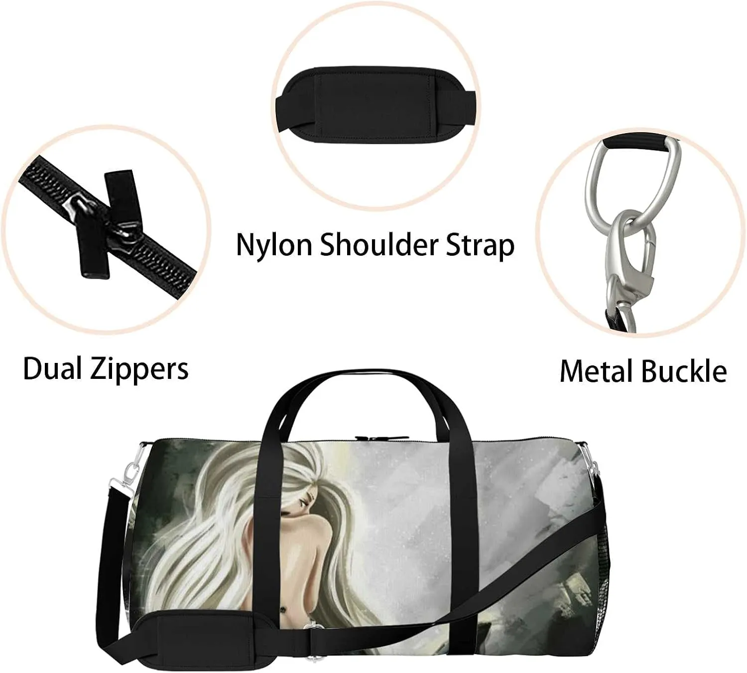Sports Gym Bag for Women and Men Waterproof Black Mermaid Duffel Bag Lightweight Carryon Traveling Boarding Gripsack