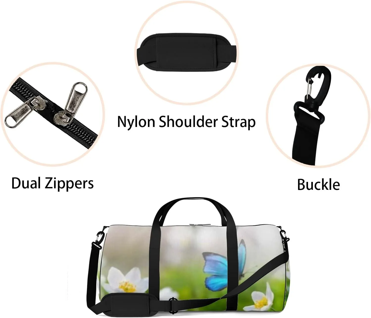 Sports Gym Bag for Women and Men Waterproof Blue Butterfly Flowers Anemones Duffel Bag Lightweight Carryon Traveling Boarding Gripsack