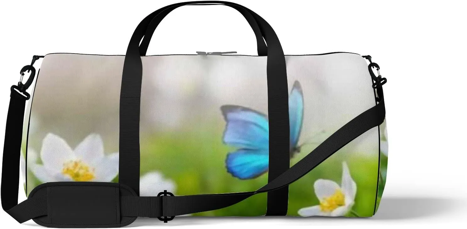 Sports Gym Bag for Women and Men Waterproof Blue Butterfly Flowers Anemones Duffel Bag Lightweight Carryon Traveling Boarding Gripsack