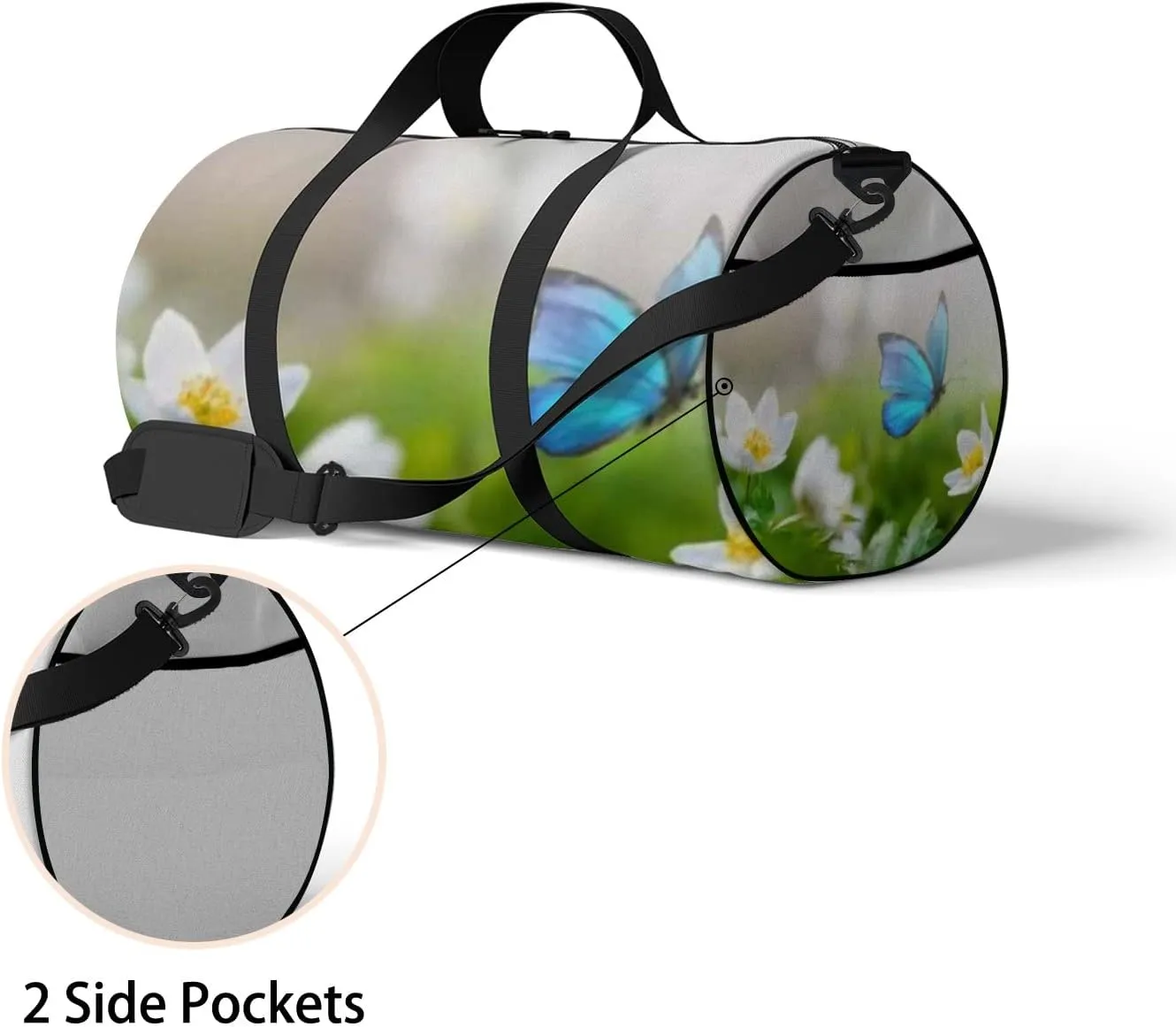 Sports Gym Bag for Women and Men Waterproof Blue Butterfly Flowers Anemones Duffel Bag Lightweight Carryon Traveling Boarding Gripsack
