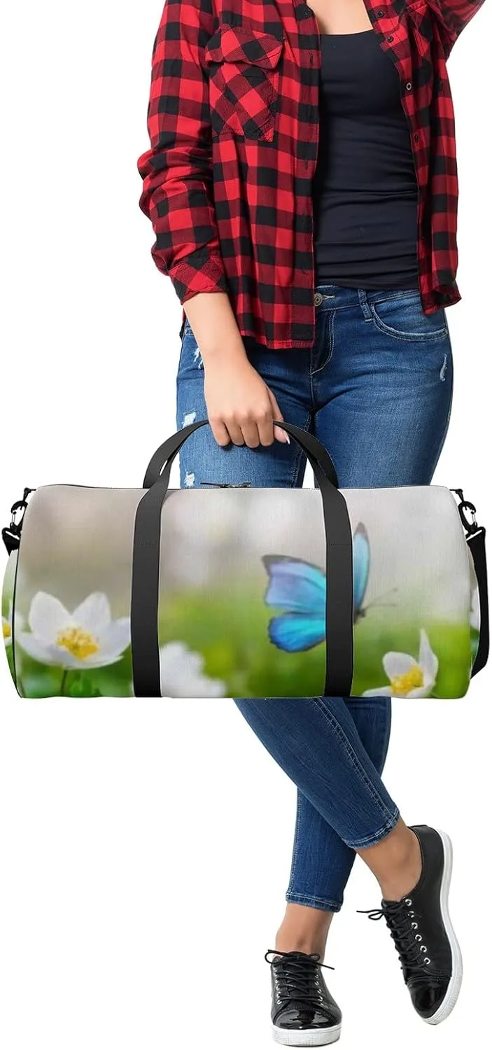 Sports Gym Bag for Women and Men Waterproof Blue Butterfly Flowers Anemones Duffel Bag Lightweight Carryon Traveling Boarding Gripsack
