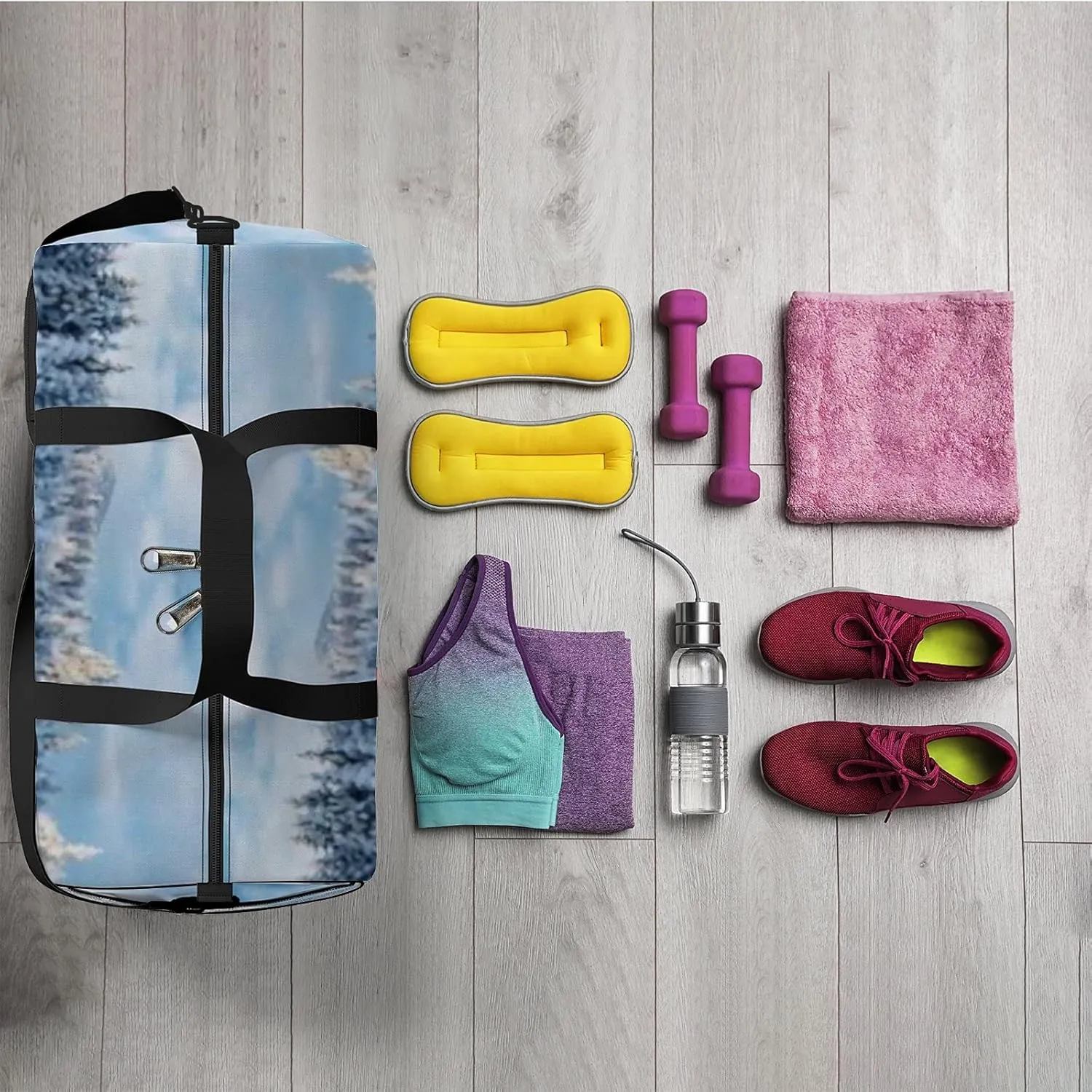 Sports Gym Bag for Women and Men Waterproof Blue Ice Cracks Winter Snowing Duffel Bag Lightweight Carryon Traveling Boarding Gripsack