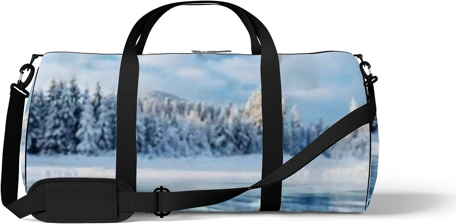 Sports Gym Bag for Women and Men Waterproof Blue Ice Cracks Winter Snowing Duffel Bag Lightweight Carryon Traveling Boarding Gripsack