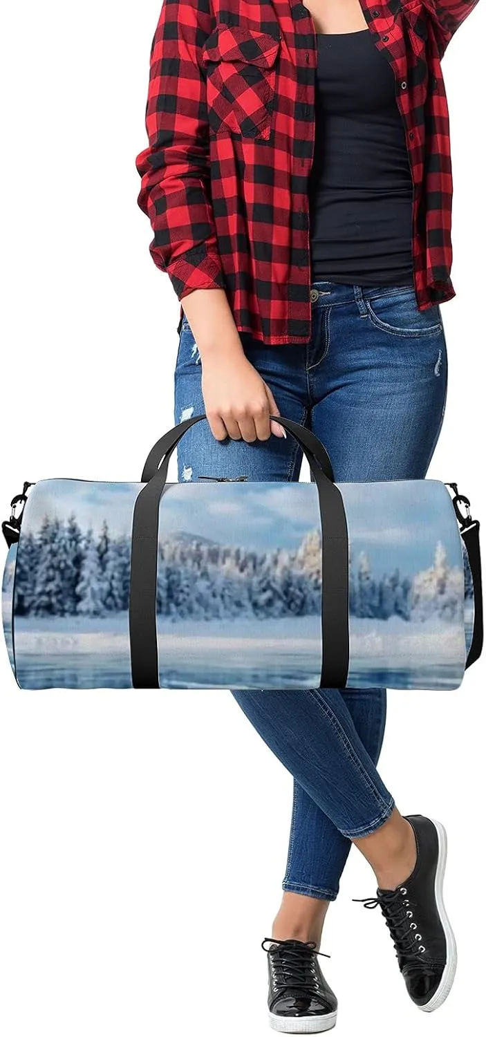 Sports Gym Bag for Women and Men Waterproof Blue Ice Cracks Winter Snowing Duffel Bag Lightweight Carryon Traveling Boarding Gripsack