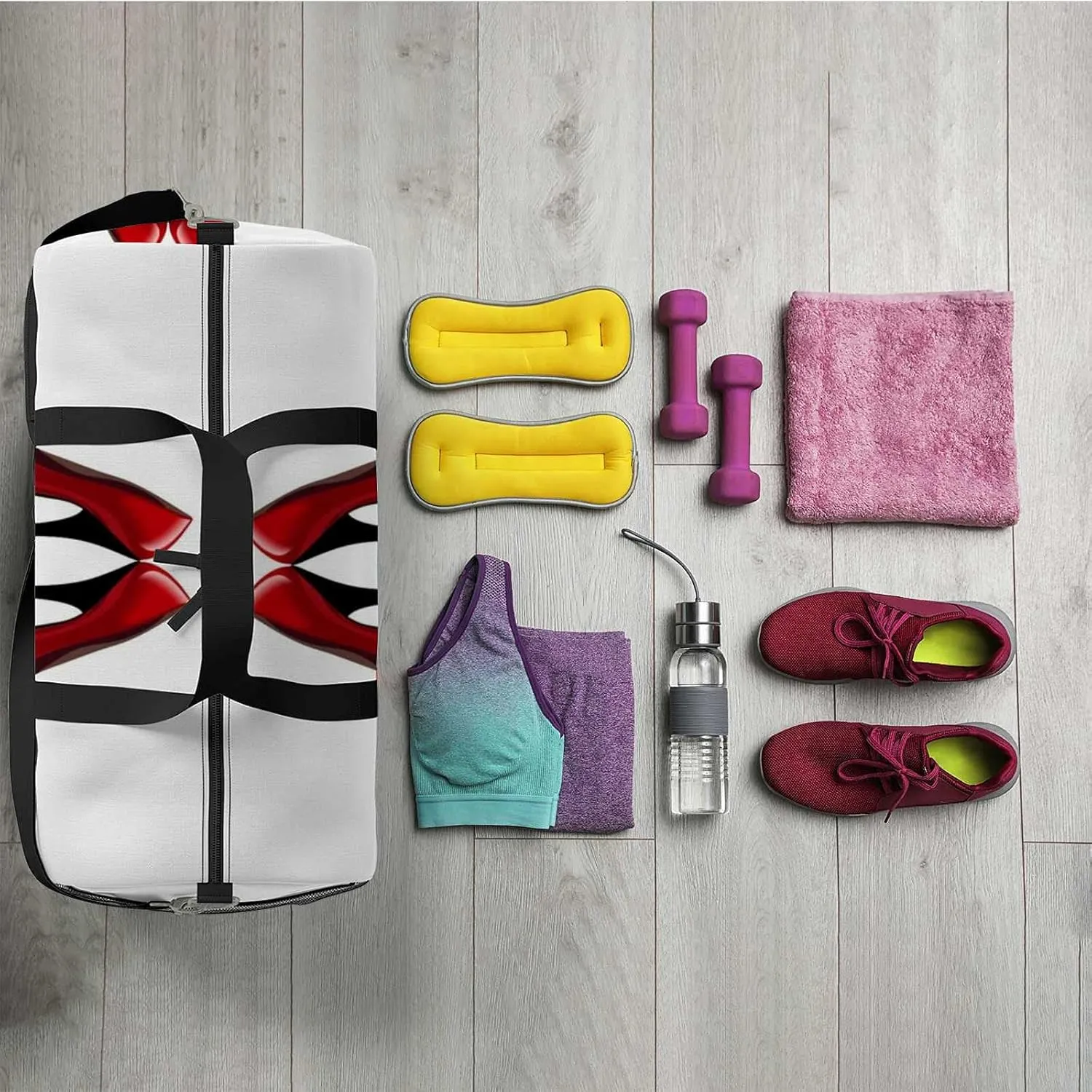 Sports Gym Bag for Women and Men Waterproof Bright Red Shoes Illustration Duffel Bag Lightweight Carryon Traveling Boarding Gripsack
