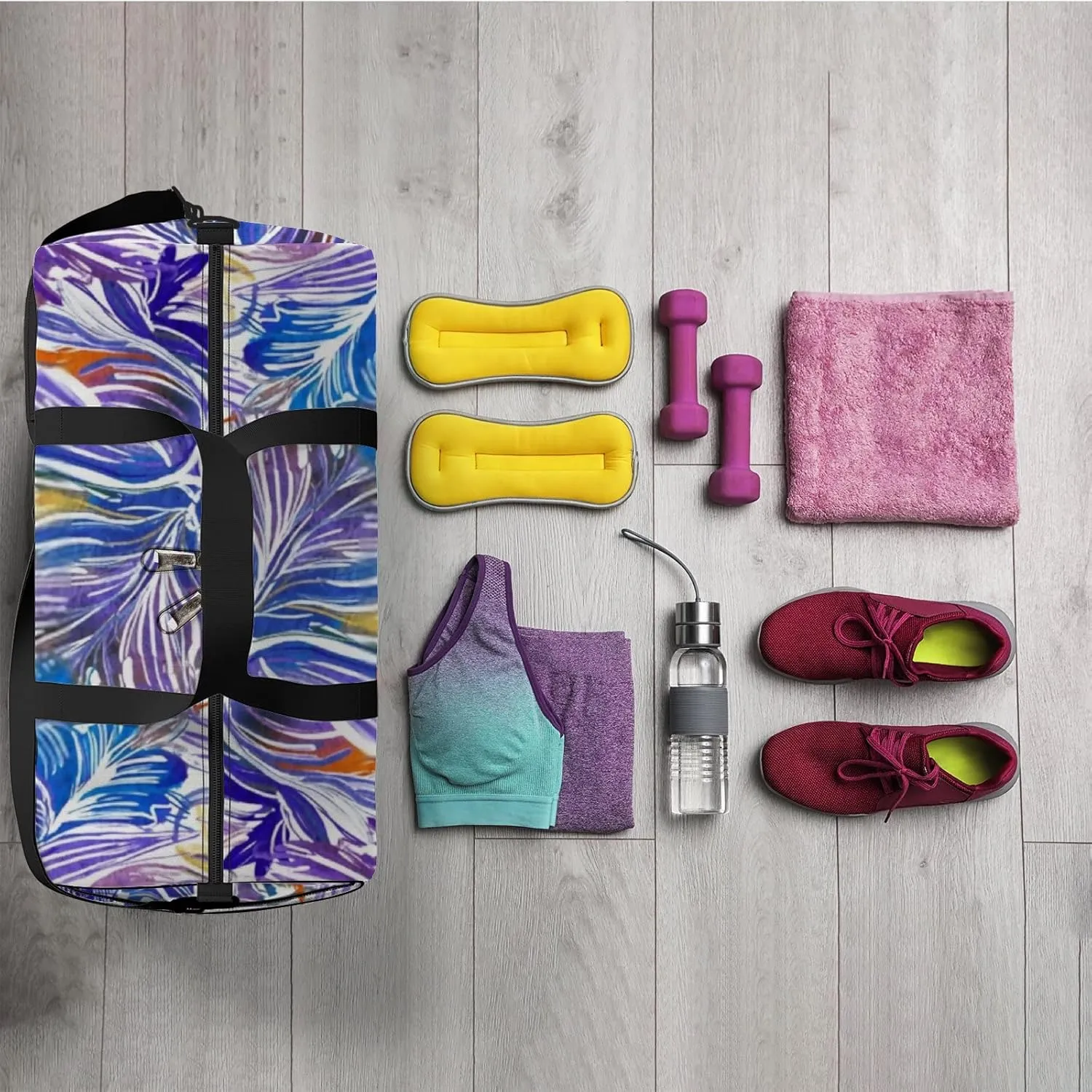 Sports Gym Bag for Women and Men Waterproof Bright Tropical Flowers Summer Purple Duffel Bag Lightweight Carryon Traveling Boarding Gripsack