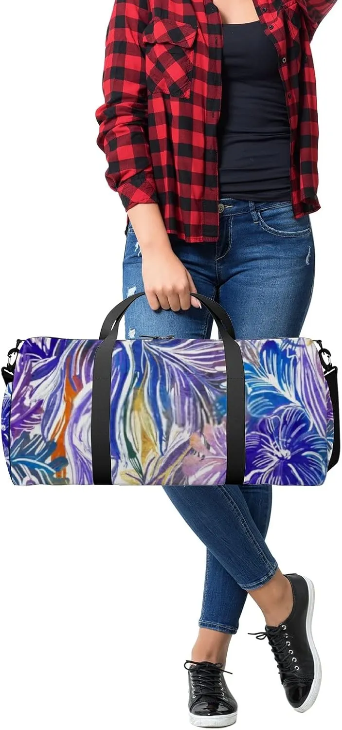 Sports Gym Bag for Women and Men Waterproof Bright Tropical Flowers Summer Purple Duffel Bag Lightweight Carryon Traveling Boarding Gripsack