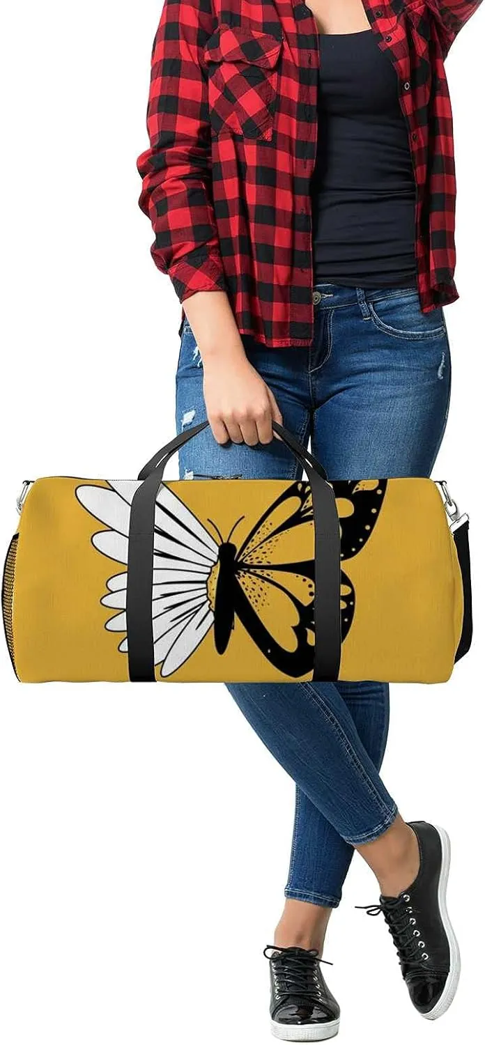 Sports Gym Bag for Women and Men Waterproof Butterflies Daisy Flower Duffel Bag Lightweight Carryon Traveling Boarding Gripsack