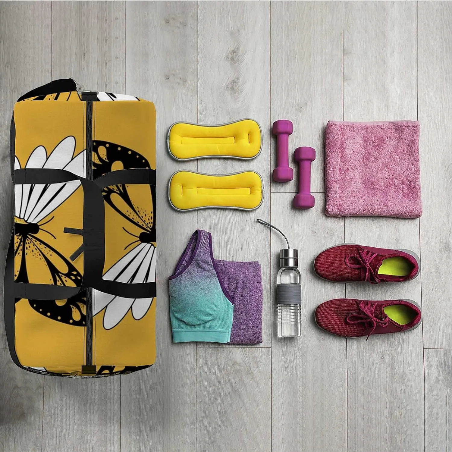 Sports Gym Bag for Women and Men Waterproof Butterflies Daisy Flower Duffel Bag Lightweight Carryon Traveling Boarding Gripsack