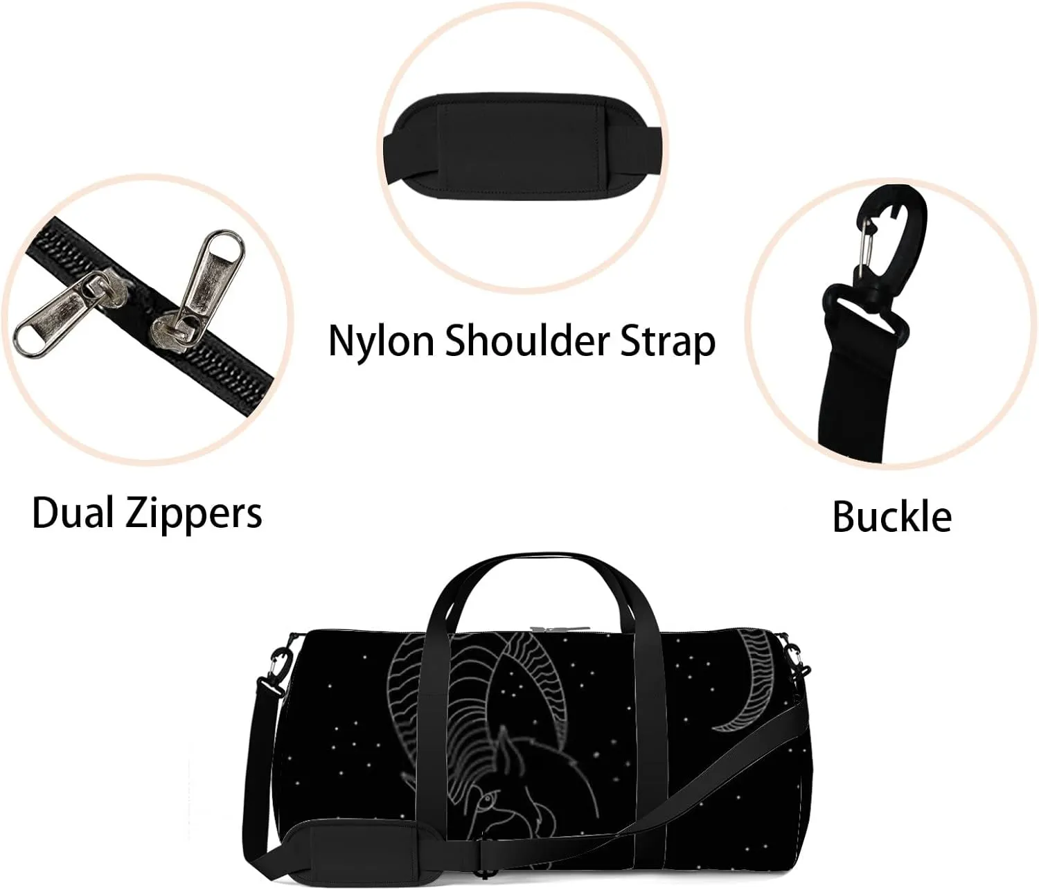 Sports Gym Bag for Women and Men Waterproof Capricorn Zodiac White Black Duffel Bag Lightweight Carryon Traveling Boarding Gripsack