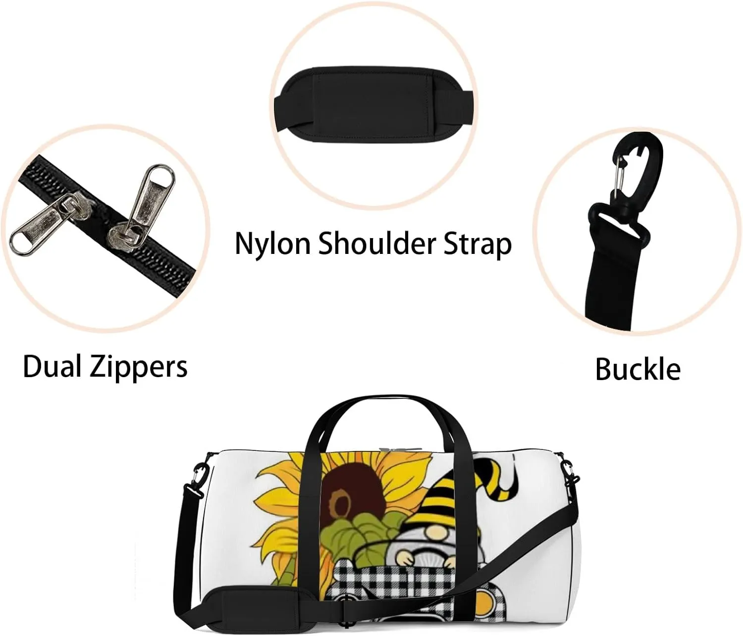 Sports Gym Bag for Women and Men Waterproof Cartoon Bright Sunflower Bee Duffel Bag Lightweight Carryon Traveling Boarding Gripsack