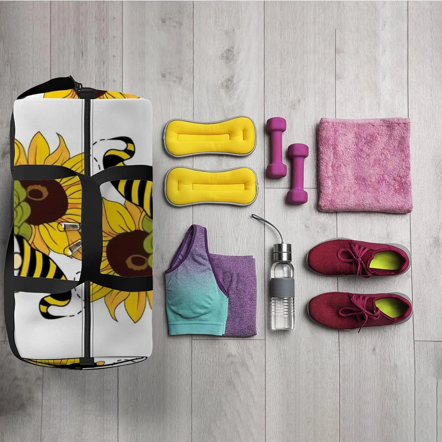 Sports Gym Bag for Women and Men Waterproof Cartoon Bright Sunflower Bee Duffel Bag Lightweight Carryon Traveling Boarding Gripsack