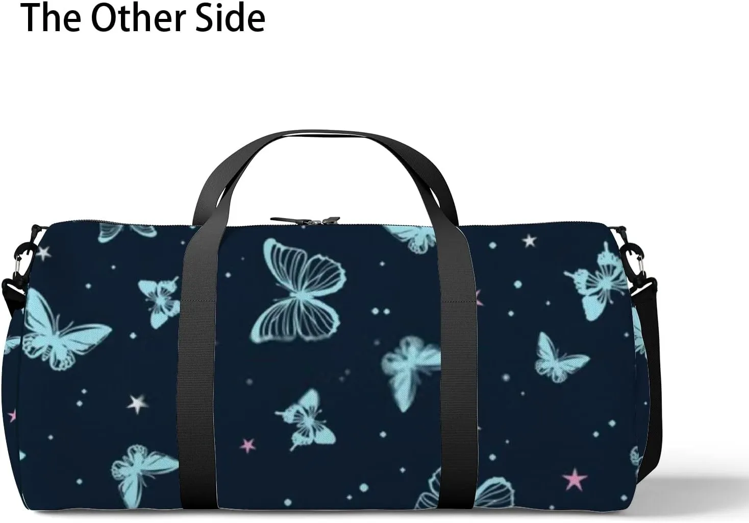 Sports Gym Bag for Women and Men Waterproof Cartoon Butterflies Dark Blue Duffel Bag Lightweight Carryon Traveling Boarding Gripsack