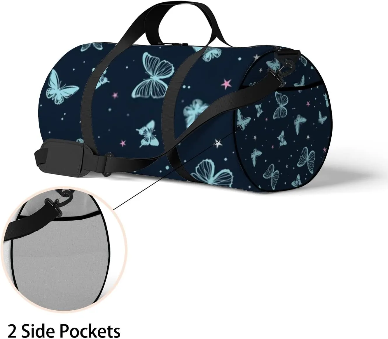 Sports Gym Bag for Women and Men Waterproof Cartoon Butterflies Dark Blue Duffel Bag Lightweight Carryon Traveling Boarding Gripsack