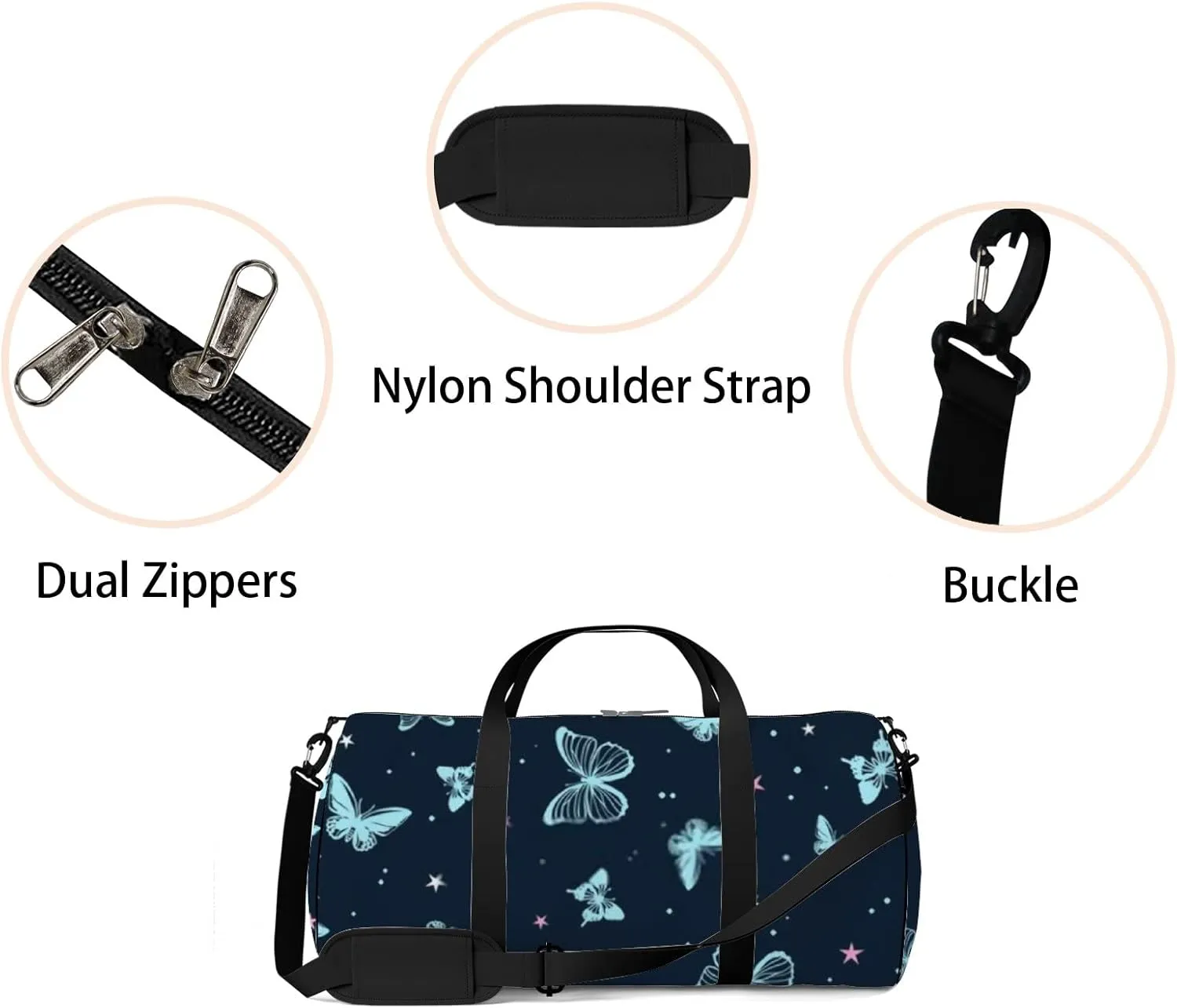 Sports Gym Bag for Women and Men Waterproof Cartoon Butterflies Dark Blue Duffel Bag Lightweight Carryon Traveling Boarding Gripsack