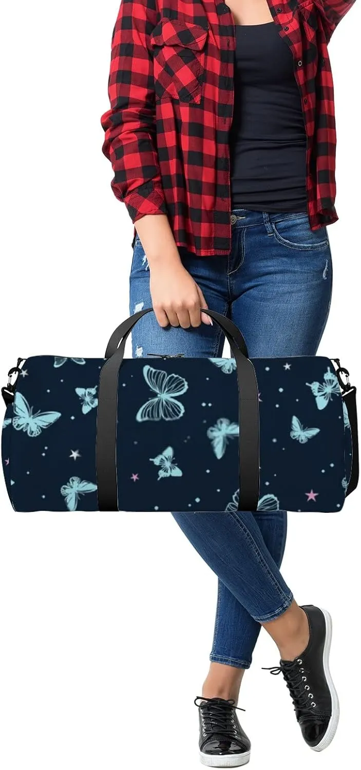 Sports Gym Bag for Women and Men Waterproof Cartoon Butterflies Dark Blue Duffel Bag Lightweight Carryon Traveling Boarding Gripsack