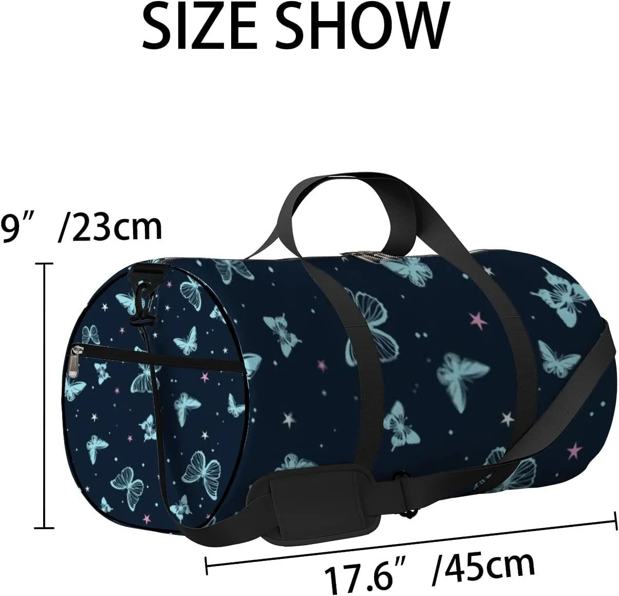 Sports Gym Bag for Women and Men Waterproof Cartoon Butterflies Dark Blue Duffel Bag Lightweight Carryon Traveling Boarding Gripsack
