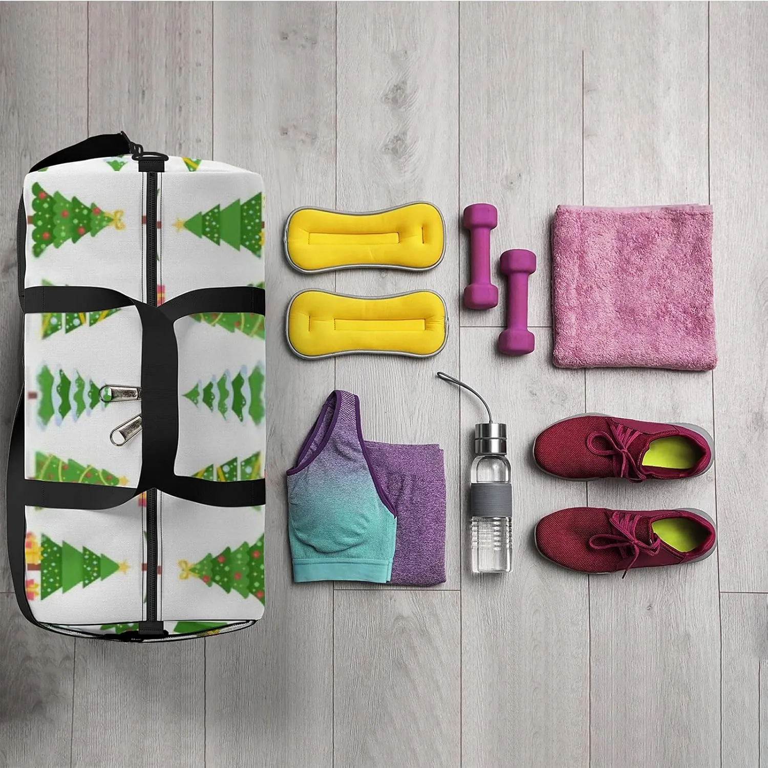 Sports Gym Bag for Women and Men Waterproof Cartoon Christmas Trees Green Duffel Bag Lightweight Carryon Traveling Boarding Gripsack