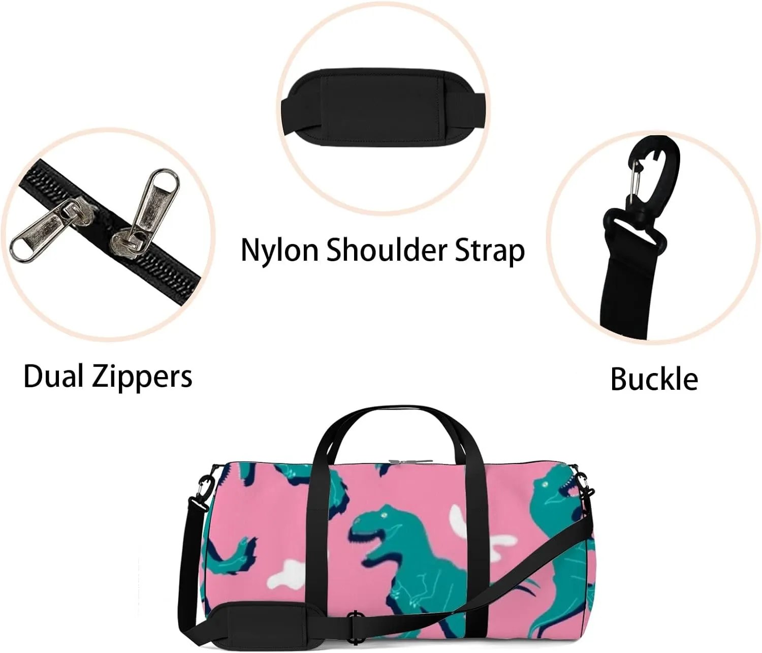 Sports Gym Bag for Women and Men Waterproof Cartoon Dinosaur Green Duffel Bag Lightweight Carryon Traveling Boarding Gripsack