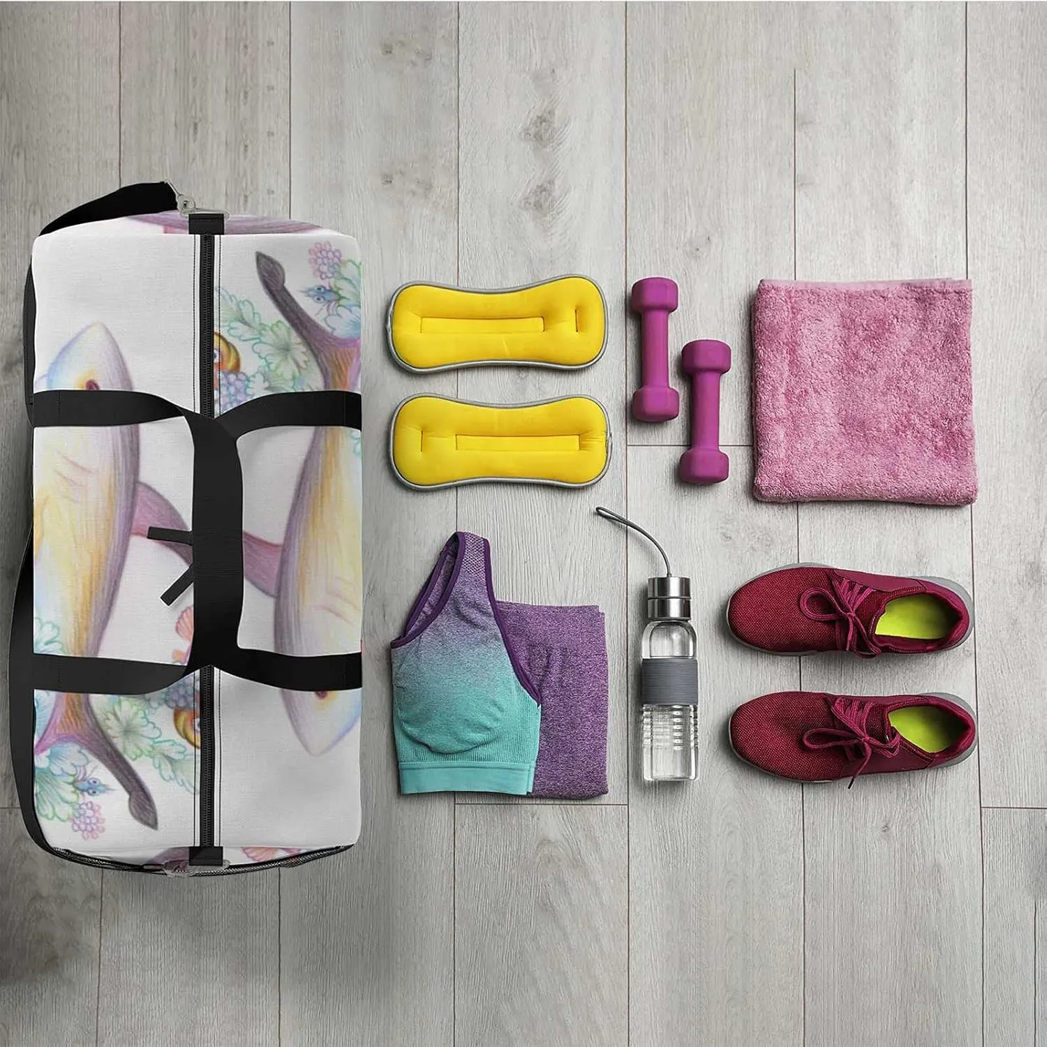 Sports Gym Bag for Women and Men Waterproof Colorful Marine World Duffel Bag Lightweight Carryon Traveling Boarding Gripsack