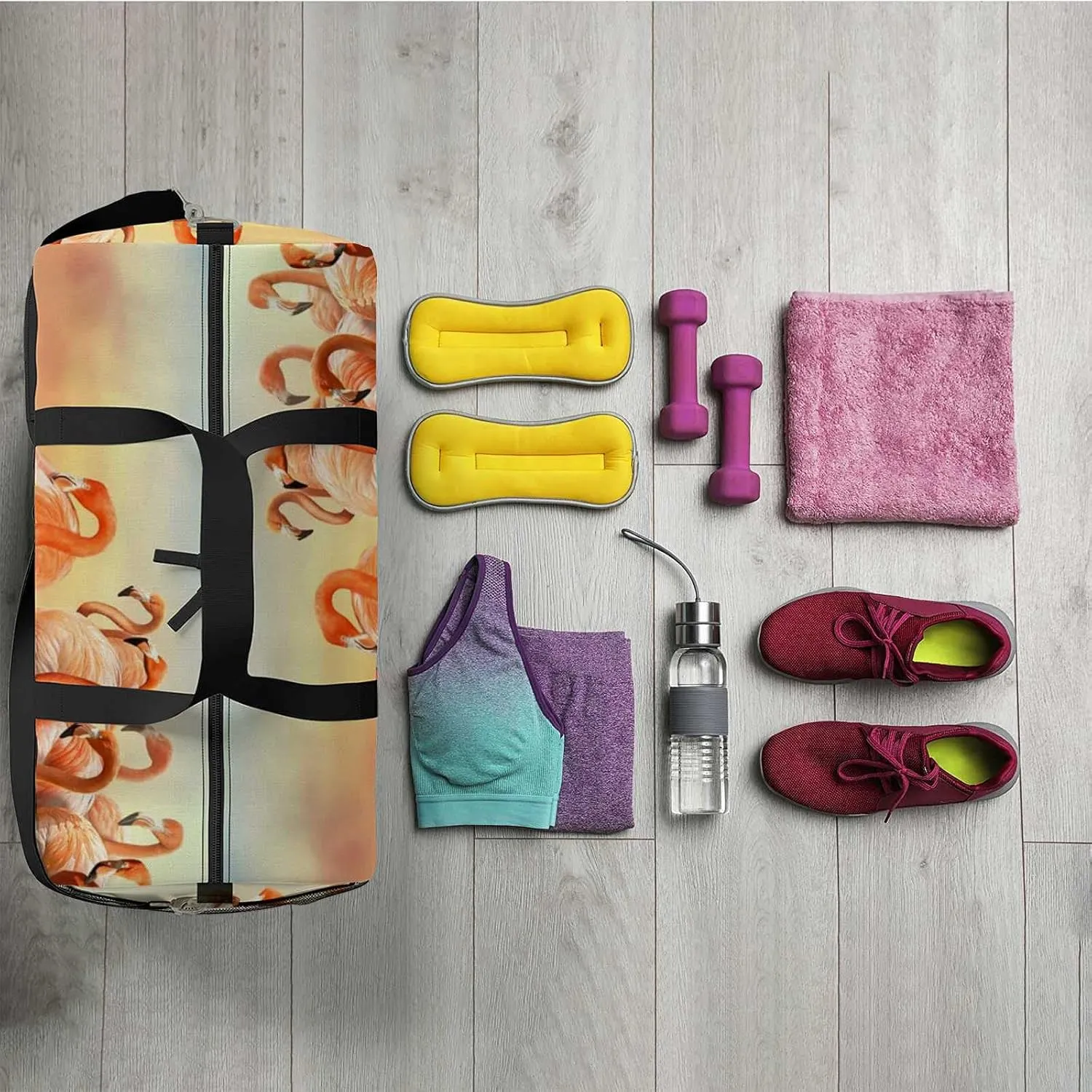 Sports Gym Bag for Women and Men Waterproof Colorful Photo- Manipulation Red Flamingo Right Duffel Bag Lightweight Carryon Traveling Boarding Gripsack