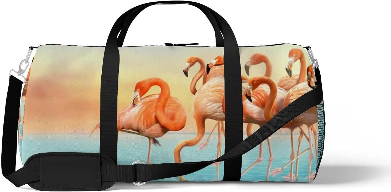 Sports Gym Bag for Women and Men Waterproof Colorful Photo- Manipulation Red Flamingo Right Duffel Bag Lightweight Carryon Traveling Boarding Gripsack