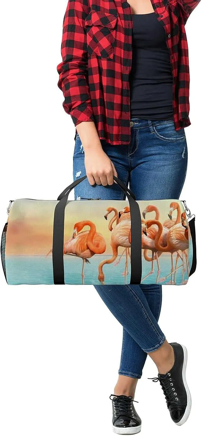 Sports Gym Bag for Women and Men Waterproof Colorful Photo- Manipulation Red Flamingo Right Duffel Bag Lightweight Carryon Traveling Boarding Gripsack