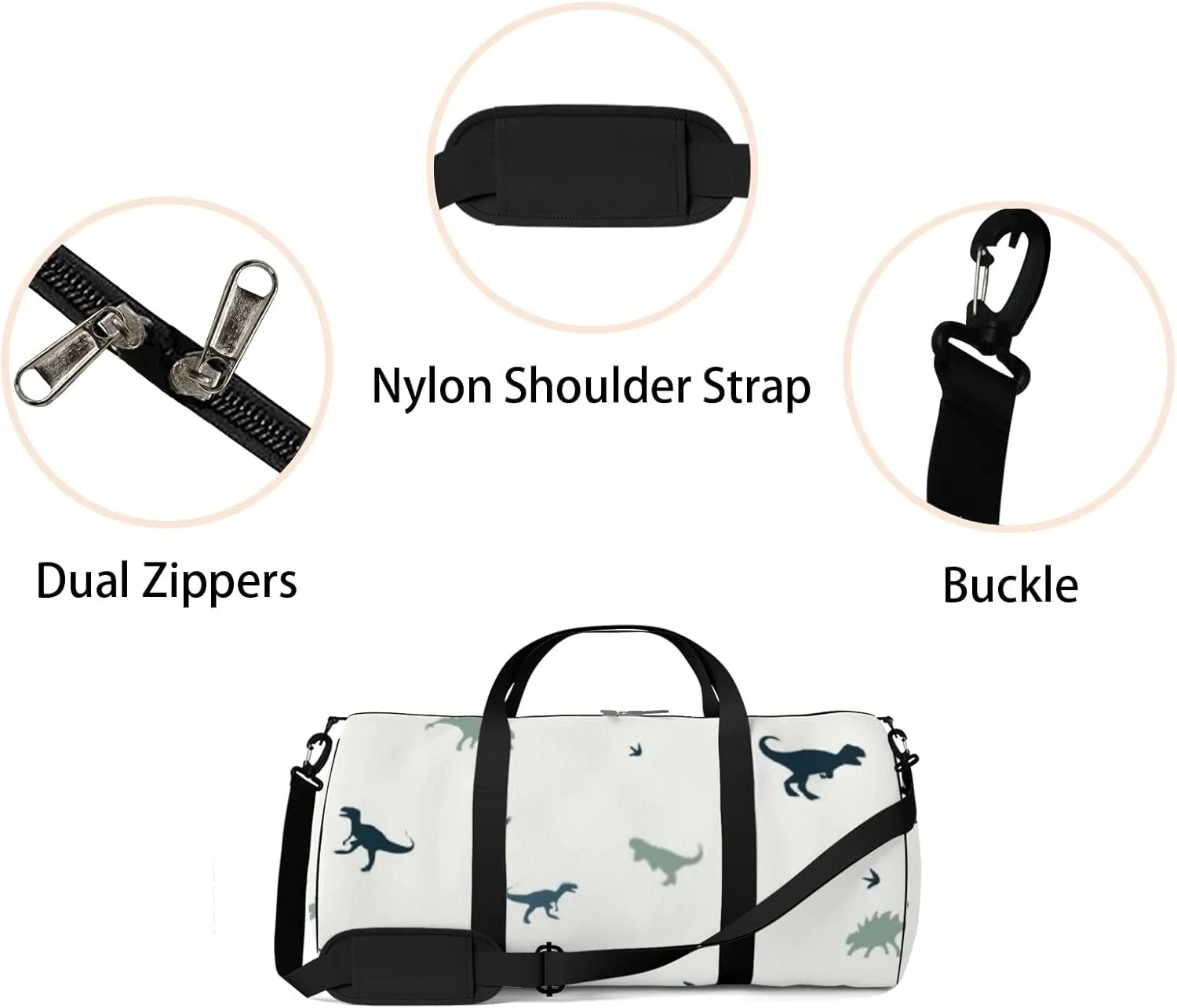 Sports Gym Bag for Women and Men Waterproof Cute Cartoon Dinosaurs Green Duffel Bag Lightweight Carryon Traveling Boarding Gripsack