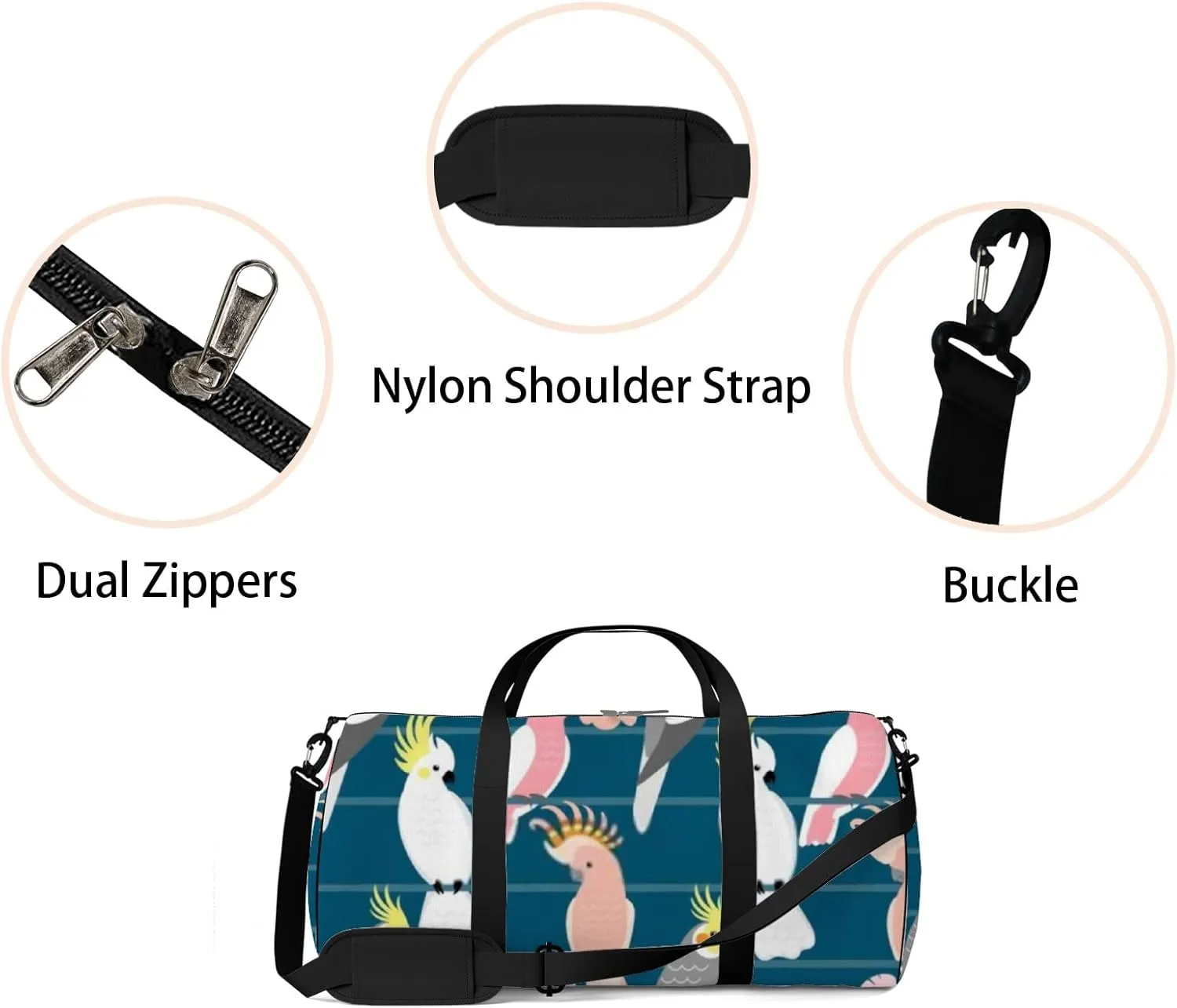 Sports Gym Bag for Women and Men Waterproof Cute Cartoon Parrots Dark Blue Duffel Bag Lightweight Carryon Traveling Boarding Gripsack