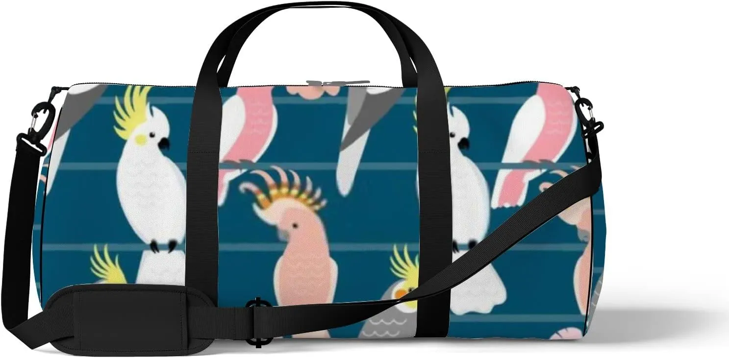 Sports Gym Bag for Women and Men Waterproof Cute Cartoon Parrots Dark Blue Duffel Bag Lightweight Carryon Traveling Boarding Gripsack