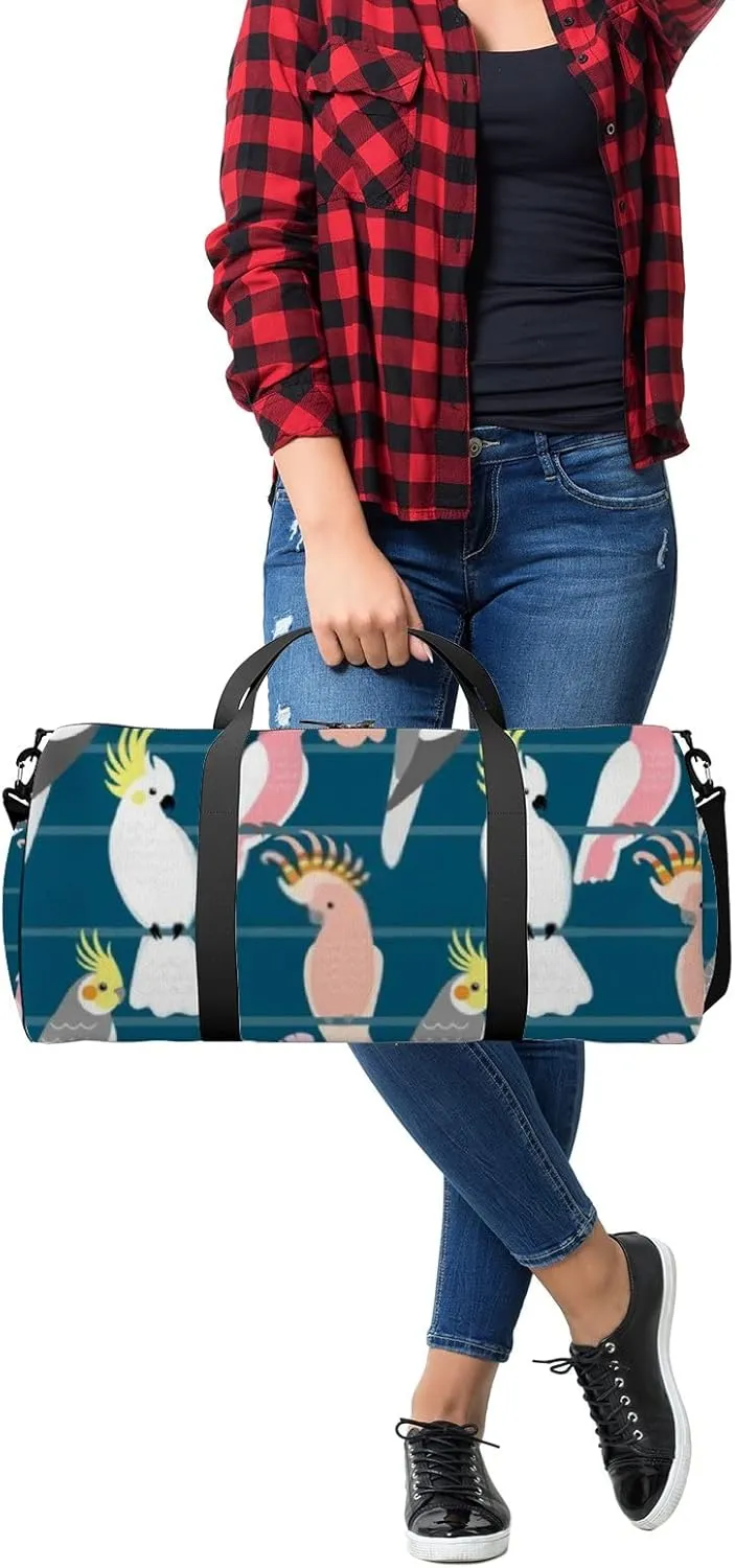 Sports Gym Bag for Women and Men Waterproof Cute Cartoon Parrots Dark Blue Duffel Bag Lightweight Carryon Traveling Boarding Gripsack