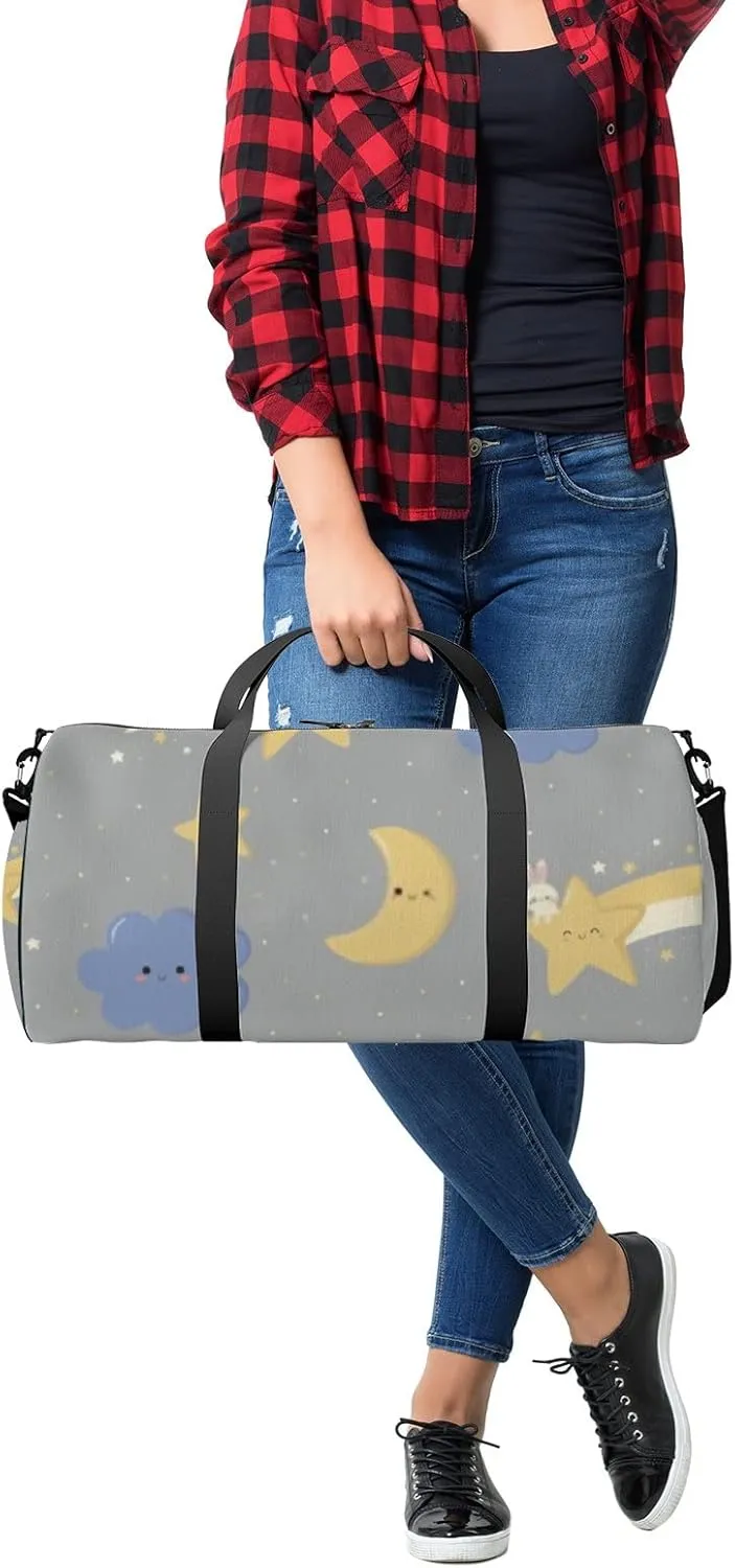 Sports Gym Bag for Women and Men Waterproof Cute Cloud Star Night Sky Cartoon Grey Duffel Bag Lightweight Carryon Traveling Boarding Gripsack