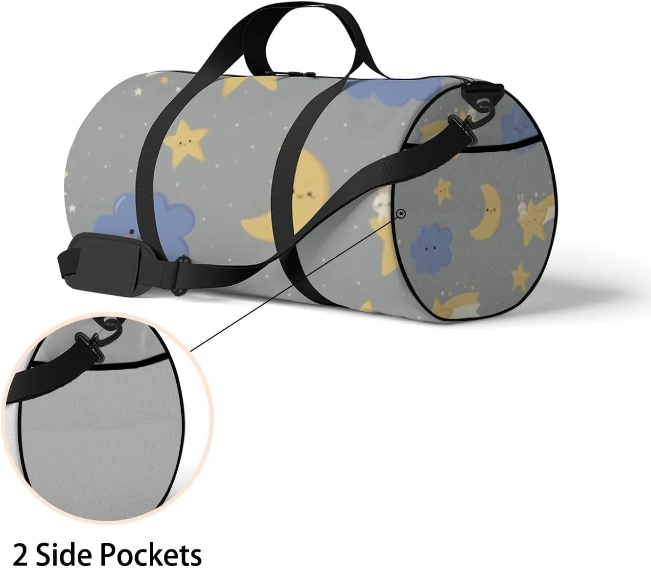 Sports Gym Bag for Women and Men Waterproof Cute Cloud Star Night Sky Cartoon Grey Duffel Bag Lightweight Carryon Traveling Boarding Gripsack